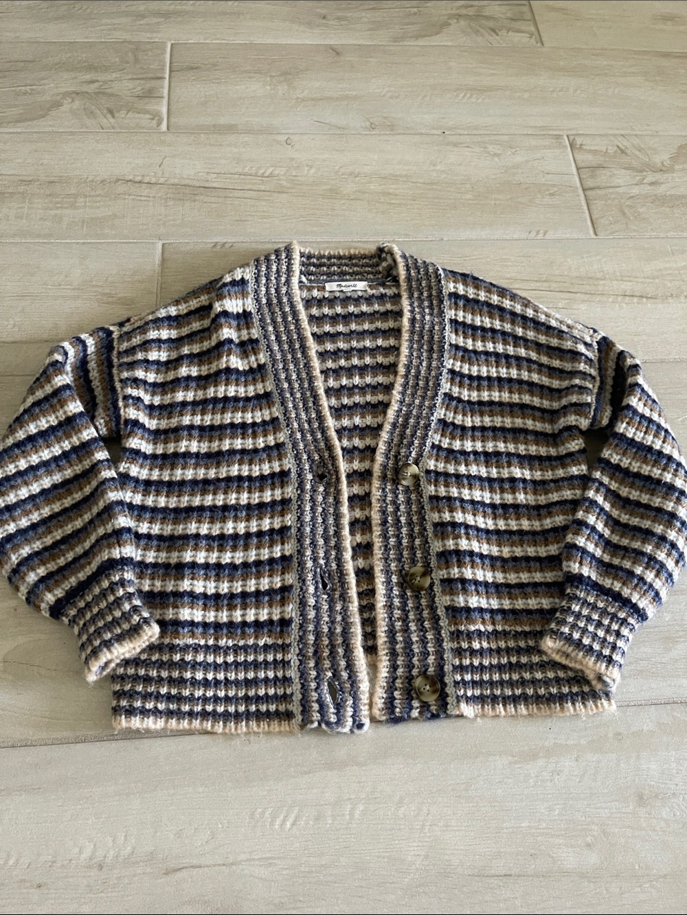 Madewell Striped Chunky Knit Cardigan in Cream, Navy & Taupe